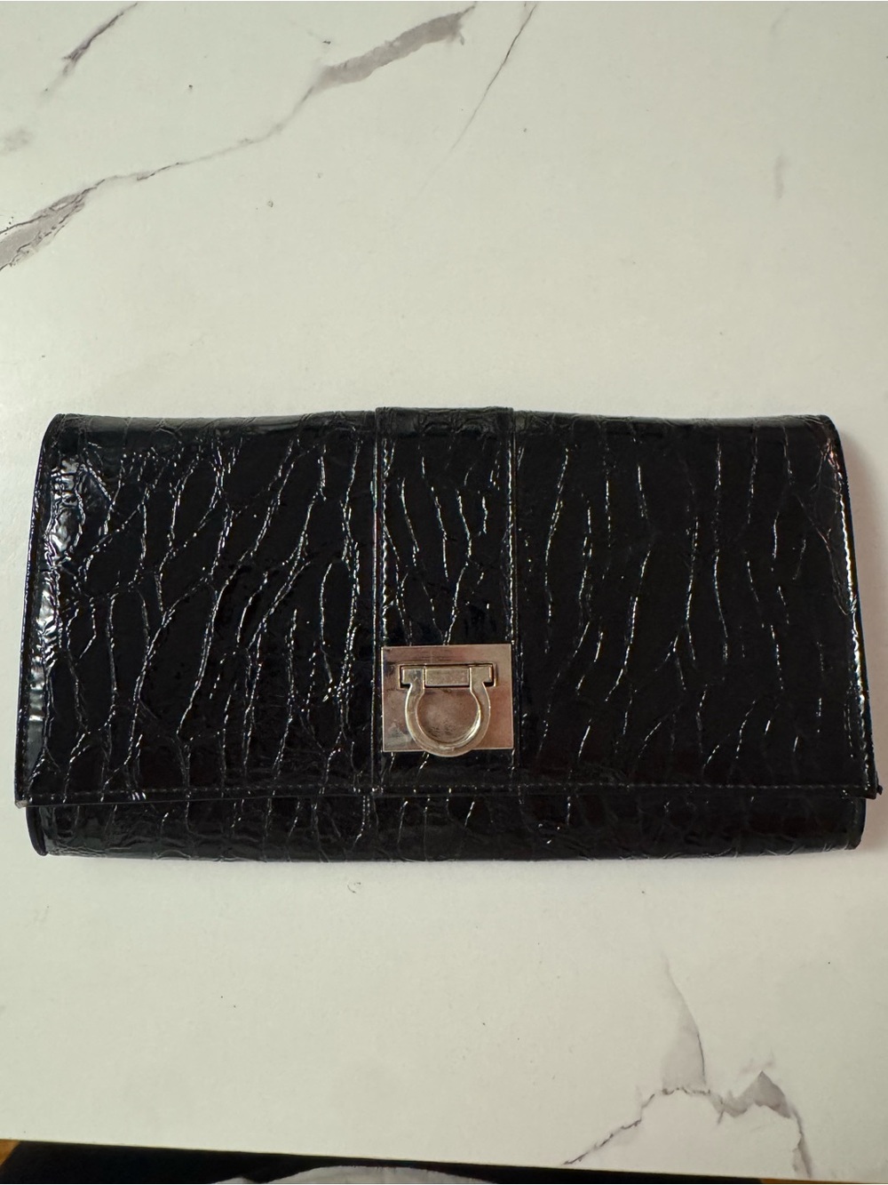 Black Croc-Embossed Faux Leather Wallet with Silver Hardware